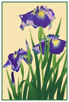 Asian Sacred Irises Flower Japanese Woodblock Counted Cross Stitch Pattern - Image 1 of 4