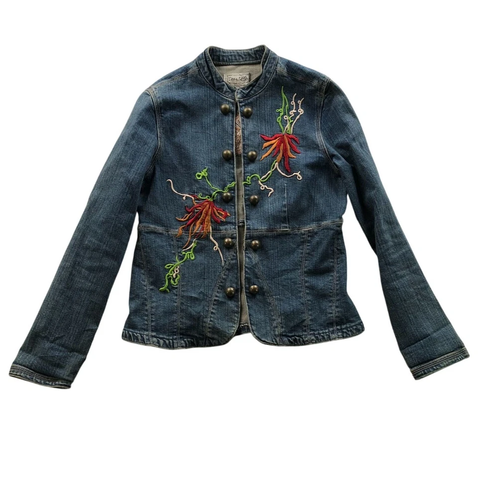 Live A Little Womens Jean Jacket Medium Petite Embroidered Floral Blue Denim Y2K - Image 1 of 4