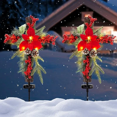 Solar Christmas Decorations Outdoor LED Lights, Xmas Waterproof Cross Stake, Cem - Image 1 of 4