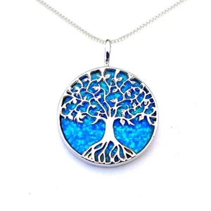 Handmade 925 Sterling Silver Blue Opal Tree Of Life Necklace Jewellery Gift Box - Picture 1 of 46