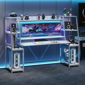 White Gaming Desk 78.8'' with LED Lights Ergonomic Computer Desk w/Monitor Stand - Picture 1 of 8