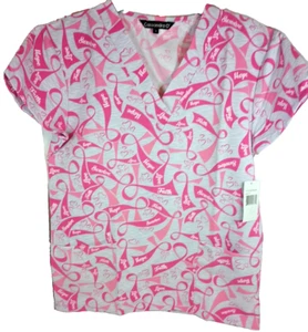 Scrub top rosa nastri cancro al seno taglia small 2 tasche sull'orlo nuovo - Foto 1 di 8