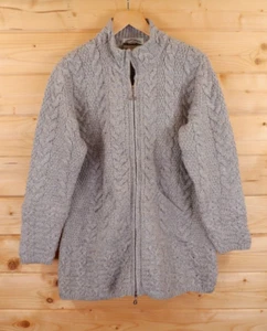 Aran Crafts Fisherman Irish Wool Chunky Cable Zip Cardigan M Celtic Knot Grey - Picture 1 of 8