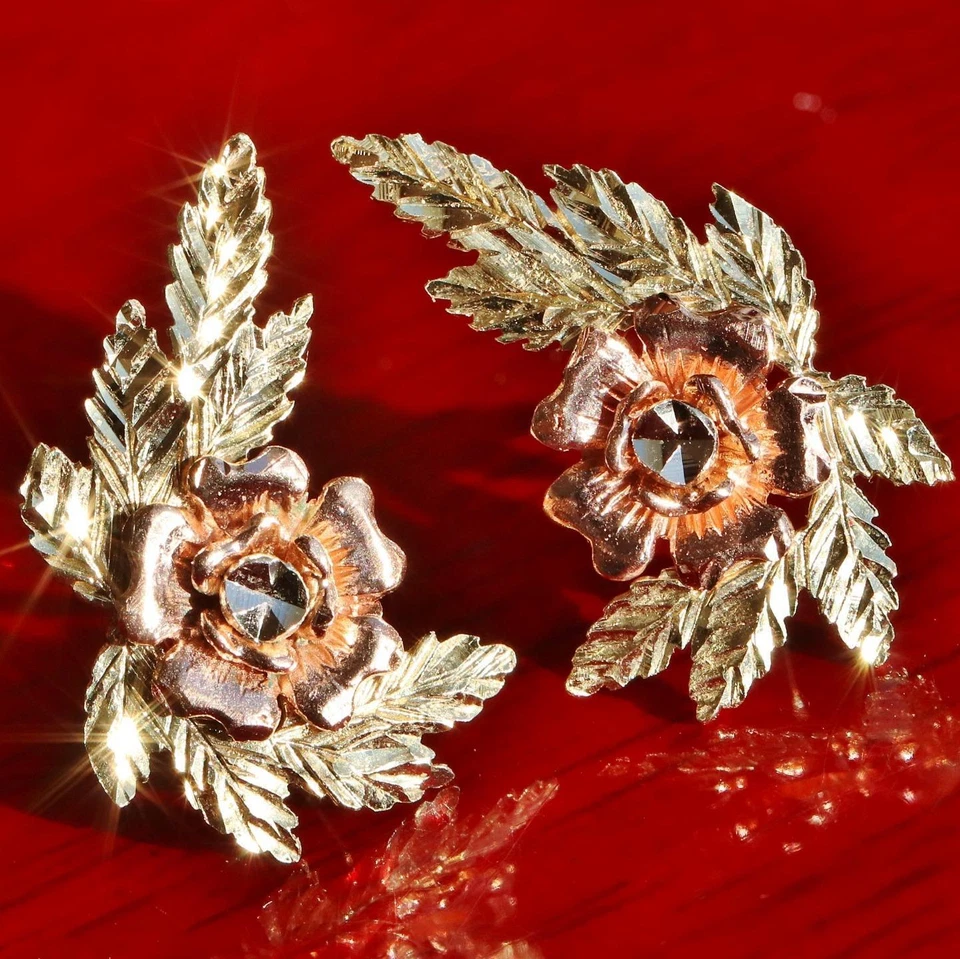 14k 多色金色耳环钻石切割玫瑰花耳钉 2.3 克 Fortunoff N2760J — 第 1/4 张图片