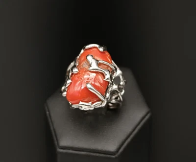 Ring Frauen Echt Koralle Rot Italy Silber Weiß 925 Band Verstellbar - Bild 1 von 4