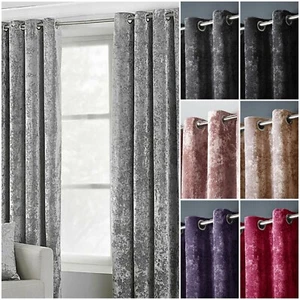 LUXURY PAIR OF THERMAL CRUSHED VELVET VELOUR EYELET LINED CURTAINS + TIE-BACKS - Picture 1 of 17