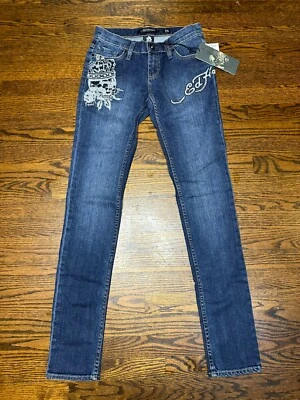 VINTAGE Ed Hardy Women’s  Skinny Jeans Size 28x34  Rhinestone Skull - BRAND NEW - Image 1 of 4