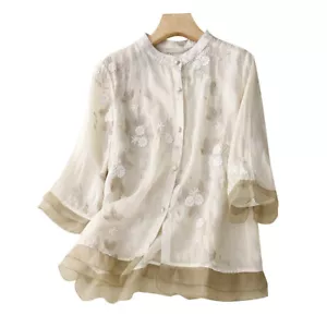 Mujeres Retro Bordado Ramie Top Mujeres Mangas de tres cuartos Algodón Lino Camisa - Imagen 1 de 6
