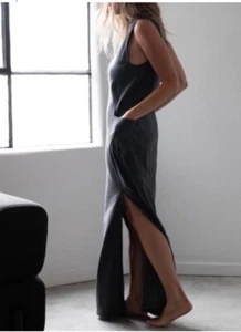 Lunya Cool Paneled Sleeveless Cotton Maxi Dress XS Charcoal Gray Slits - Picture 1 of 10