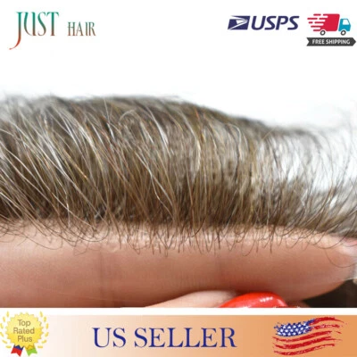 Peruca masculina de substituição de cabelo pele ultra fina toupee cinza sistema PU EUA - Imagem 1 de 4