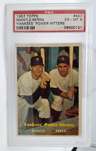 1957 Topps Mantle/Berra Yankee Power Hitters Baseball Card #407- EX/NM   PSA 6