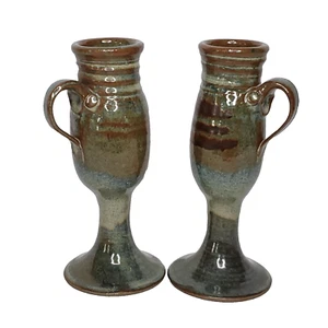 2 Studio Art Pottery Wine Goblets Handle Signed Good Earth Lemonier Brown Blue - Picture 1 of 7