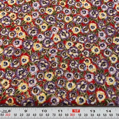 Vintage Faye Burgos Marcus Bro Metallic Pansy Red Cotton Fabric Remnant 17 x 44 - Image 1 of 2