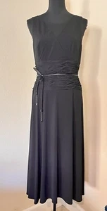 Black Midi Dress Smocked Ruched Waist W/ Leather Tie Belt By Shani Sz 12 - Picture 1 of 24