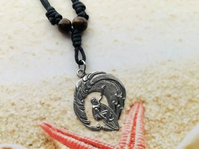 SURFER BEACH WAVE PEWTER CHARM BLACK ADJUSTABLE CORD  WOOD BEADS NECKLACE - image 1 of 3