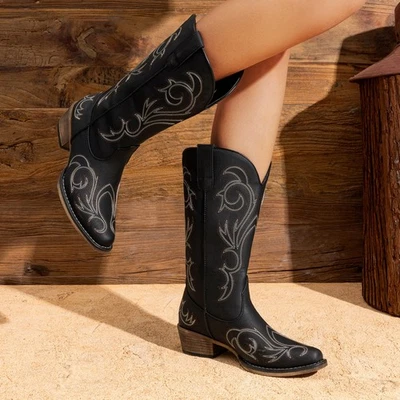 Women Pull On Western Mid Calf Boots Square Toe Cowboy Cowgirl Boots - Image 1 of 4