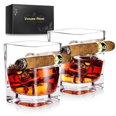 Juego de 2 vasos de cristal escocés 12 oz - vaso de cigarro whisky bourbon con soporte Foto 1 de 4