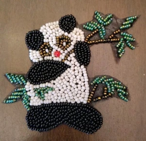 Vintage Sequin Beaded Panda Applique Patch Bamboo - Picture 1 of 3