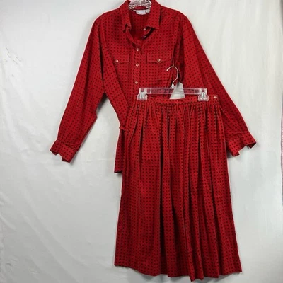 Vintage Liz Claiborne Skirt Blouse Womens 12 Red Polka Dot Pleated 2pc Secretary - Image 1 of 4
