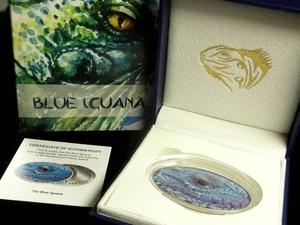 2012 NIUE - Blue Iguana - 1 Oz SILVER High Relief Colorized Coin- Real Style Eye - Picture 1 of 4