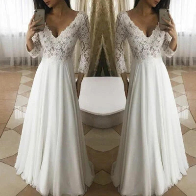 Wedding Dresses Lace Simple Beach Sexy V Neck Long Sleeves Bride Gown A-line - Image 1 of 4