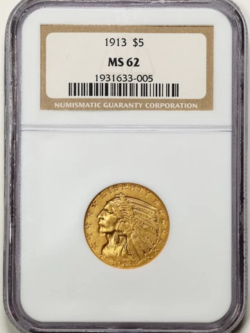 1913 $5 Indian Head Gold Half Eagle MS62 NGC 1931633-005 Cover