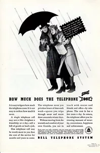 Pubblicità stampa d'epoca 1937 campana telefono coppia shopping sotto la pioggia pubblicità - Foto 1 di 2