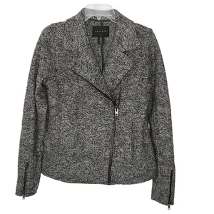 Tahari Wool Knit Sweater Jacket S Moto Notch Collar Sleeve Zippers Gray Black - Picture 1 of 5