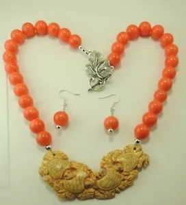 Turtles Necklace With Coral Color Shell & Earrings Beach Wedding - Picture 1 of 2