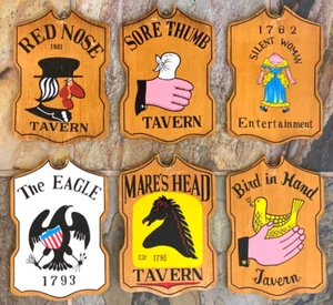 Set of 6 Vintage 1960's Wooden Wall Tavern Signs Japan Red Nose -Sore Thumb More - Picture 1 of 9