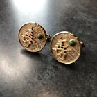 Cufflinks Set Gold Tone Chinese Good Luck Green Stone Vintage Men's Jewelry MCM