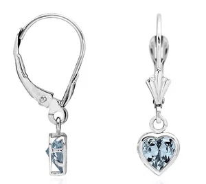 14K Solid White Gold Bezel Set Aquamarine 7mm Heart Leverback Dangle Earrings - Picture 1 of 1