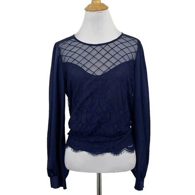Bebe Топ женщин S маленький синий сетки панели кружева кромки атласный длинным рукавом укороченный - Изображение 1 из 4