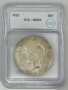 1922 Peace Silver Dollar $1 ICG Certified MS64 - Picture 1 of 2