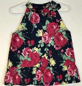Janie and Jack Little Girl Sz 4 Top Navy Blue Pink Flower Round Neck Sleeveless - Picture 1 of 10