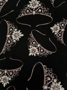 25-7-1010 COTTON FABRIC-BLACK W SPARKLY TIARAS-WILD APPLES-DAVID TEXTILES-32X44" - Picture 1 of 2