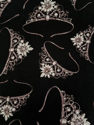 25-7-1010 COTTON FABRIC-BLACK W SPARKLY TIARAS-WILD APPLES-DAVID TEXTILES-32X44" - Image 1 of 2