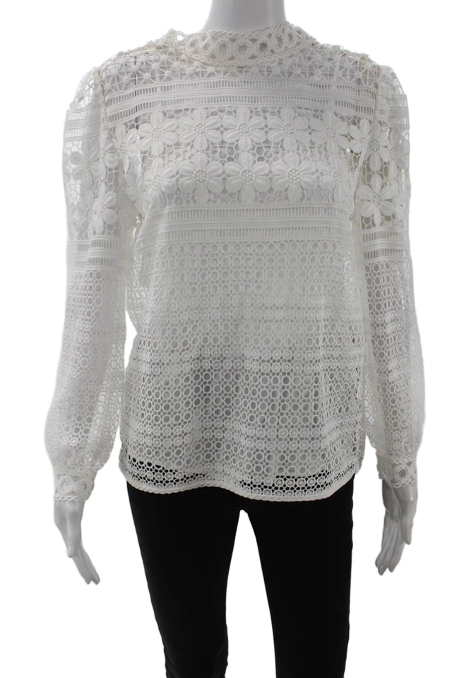 Maje Women White Floral Geometric Bohemian High Neck Long Sleeve Blouse Size 3 - Image 1 of 4