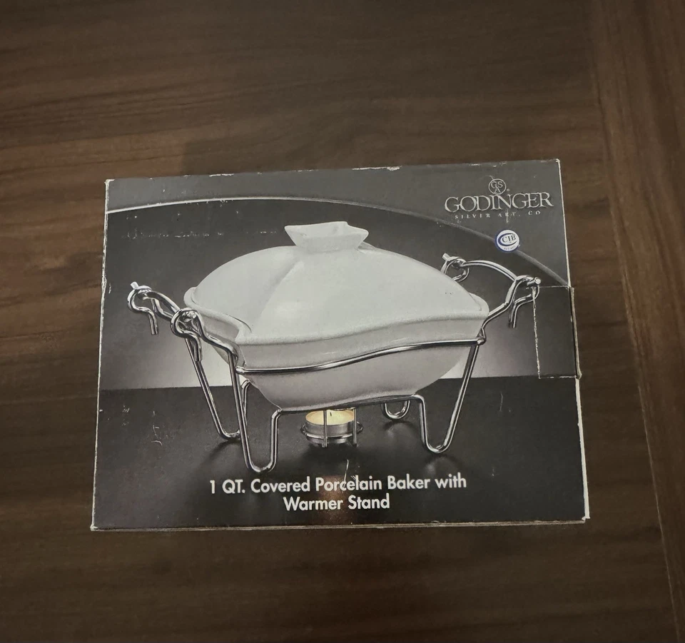 Godinger Sa 1 Quart Porcelain Baker Covered with Chrome Plated Warmer Stand - Image 1 of 4