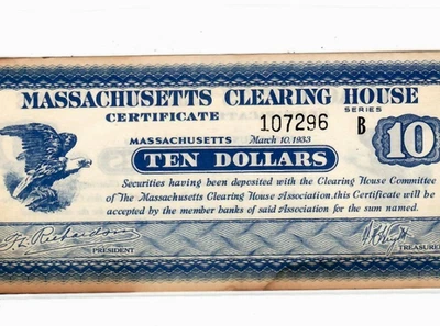 (CLEARING HOUSE) "MASSACHUSETTS" (1933)  "DEPRESSION SCRIP" RARE!! CRISPY!!!!! - Image 1 of 3