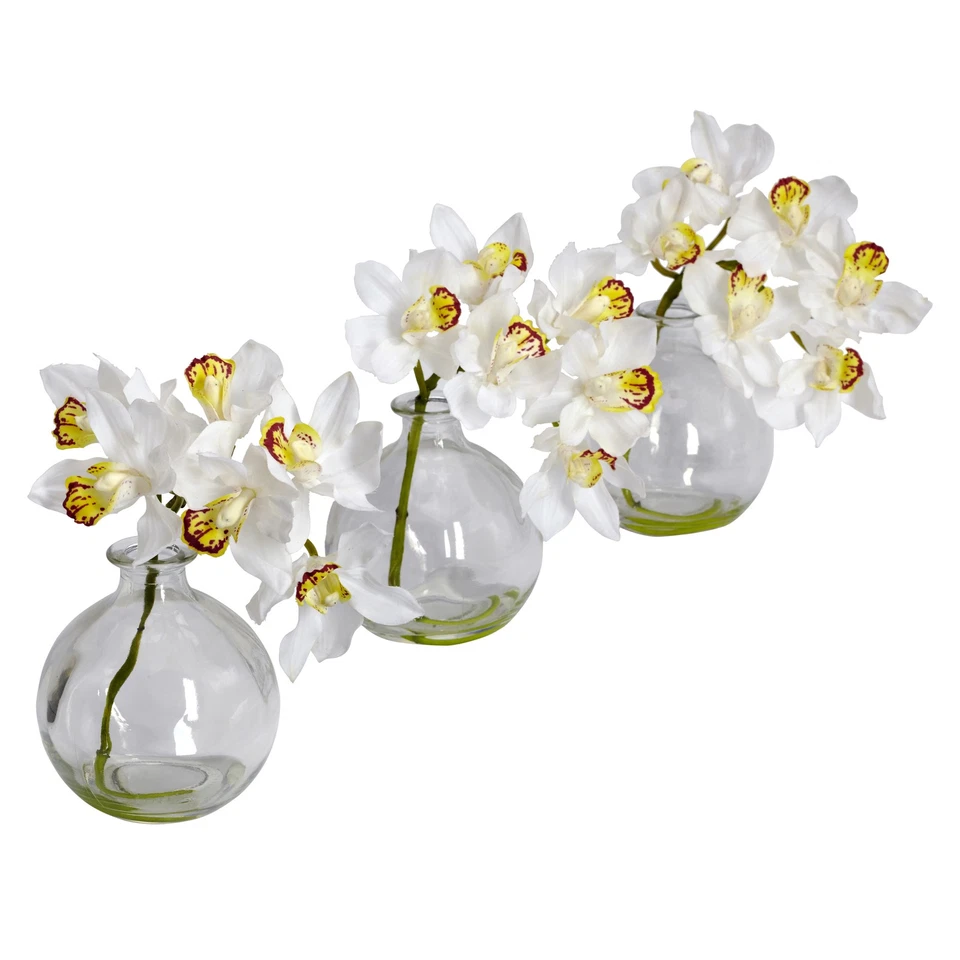 Nearly Natural Cymbidium with Vase Artificial Flower Arrangement (Set of 3) - Image 1 of 1