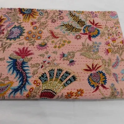 Indian Handmade Kantha Quilt Hand Block Print Cotton Twin Size Throw Blanket - Image 1 of 3