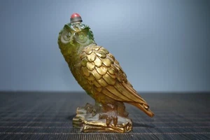 noble art Coloured glaze carved lovely owl statue paint in gold snuff bottle - Picture 1 of 9