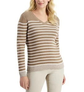 Karen Scott Petite Ribbed V-Neck Sweater Chestnut Heather Size PP - Picture 1 of 1