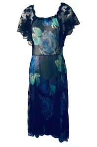 Vintage Sexy 80s Betsy Johnson Blue Floral Black Lace Dress Maxi Dress size SM - Picture 1 of 9
