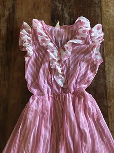 VTG 70s pink striped polka dot dress fun ruffled design cheerful 70s look - Picture 1 of 6