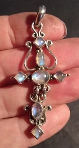 Cabochon Moonstone Articulated Ornate Cross, Sterling Silver Pendant Vintage 925 - Picture 1 of 11