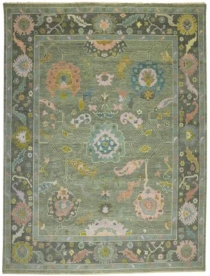Antique Indo Oushak Green Contemporary Hand-Knotted Turkish Rugs for living area - Image 1 of 4