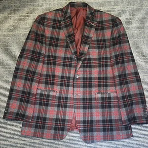 Izod Flannel Sport Coat Men 40R Plaid Red Gray 2 Btn Double Vent - Picture 1 of 11