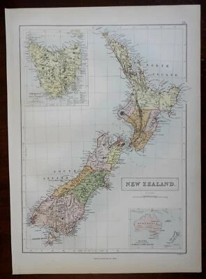 New Zealand North & South Island Tasmania Auckland Peninsula 1876 fine large map - Image 1 of 3